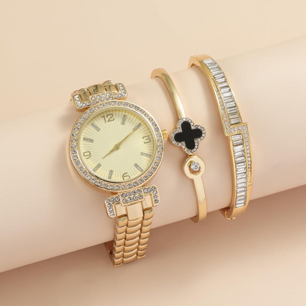 fashion rhinestone steel belt Women's wrist watch European n bracelet watch 3pcs